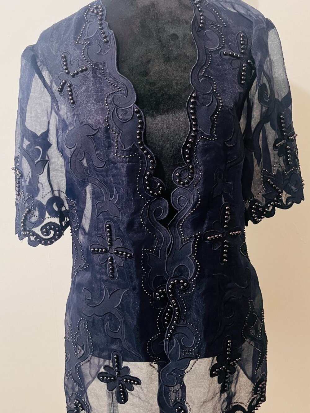 Belldini Sheer Beaded Evening Wrap — Navy Blue, Beaded Sleeves